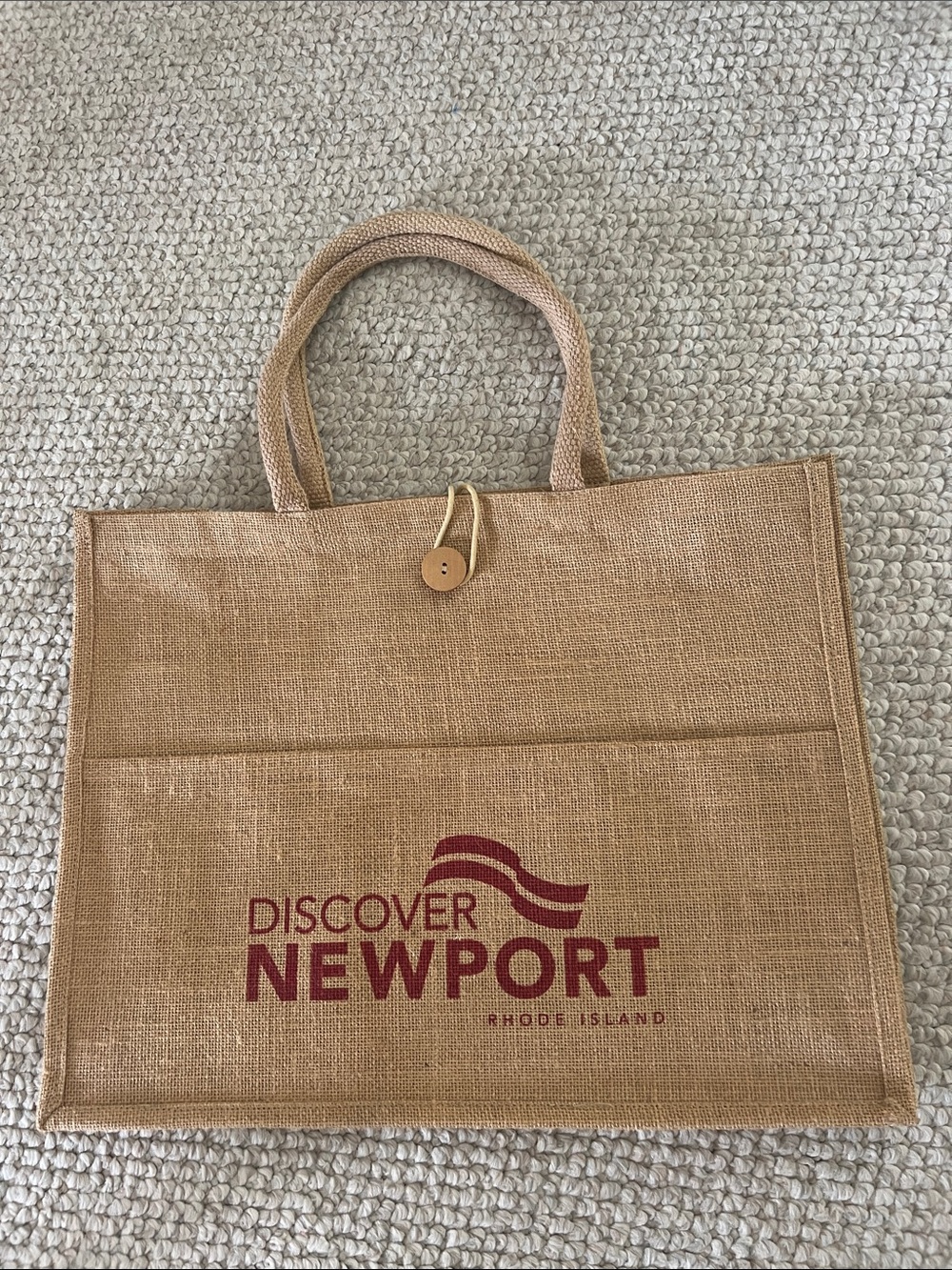 Discover Newport Rhode Island Tan Jute Tote Bag with Burgundy Logo 18”x14”
